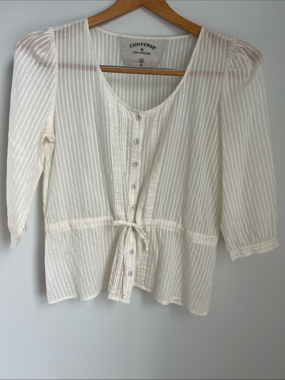 Converse | Women's Cream Striped Sheer Button-Front Tie-Waist Blouse Size M